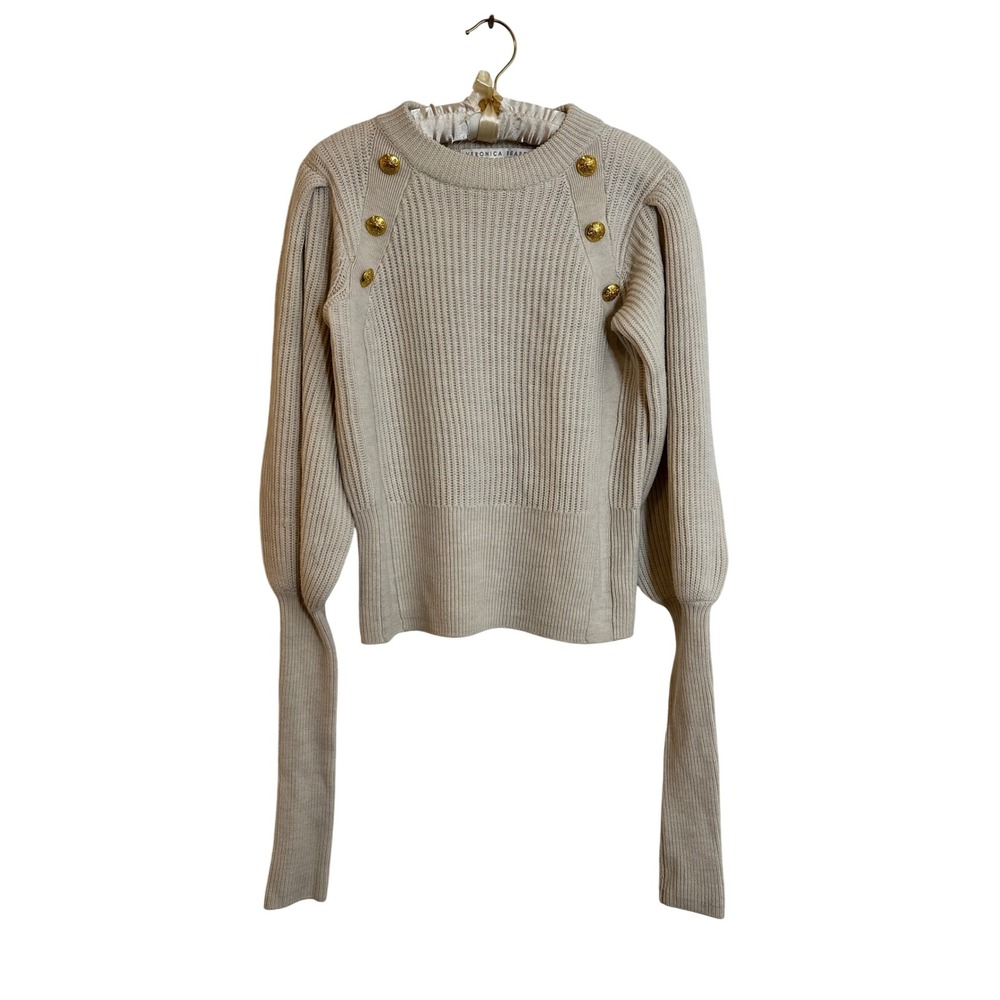 Veronica Beard Jude Merino Wool Ribbed‎ Puff Sleeve Sweater Size S Ivory Buttons